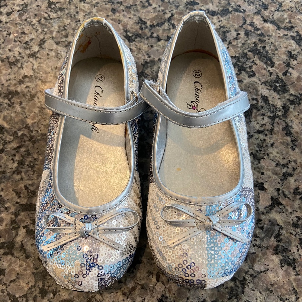 China Doll‎ Silver Blue Sparkly Girls Shoes Mary Janes  8 12